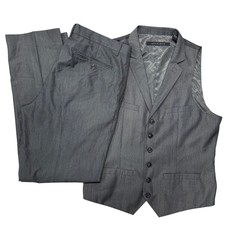 Sean John Mens 2-Piece Vest and Pants Suit Set Charcoal Gray 36 x‎ 34 Large